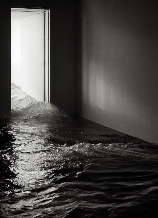 Image similar to river water rushing through an open door, a single fluorescent tube, in the style of the Dutch masters and Gregory Crewdson, dark and moody