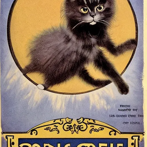 Image similar to ominous levitating ball of cat fur 1910 circus poster advertisement sideshow