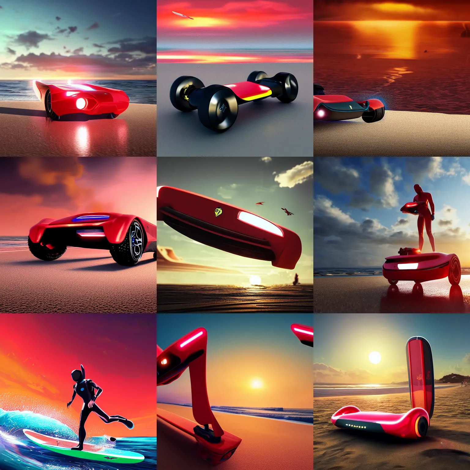 Prompt: concpet art featuring a futuristic red hoverboard in the style of a ferrari at the beach during sunset. fine detail. surf. this 4 k hd image is trending on artstation, featured on behance, well - rendered, extra crisp, features intricate detail, epic composition and the style of unreal engine.