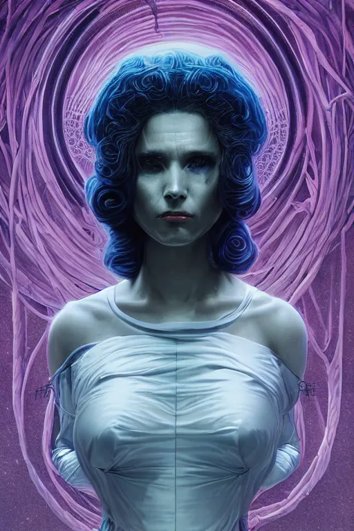 Image similar to creppy medusa wearing white silk fused with lovecraft, retro-futuristic, photo, portrait, intricate details, by vincent di fate, artgerm, julie bell, beeple and Greg Rutkowski, 80s, concept, Smooth gradients, octane render, 8k, High contrast, duo tone, depth of field, very coherent symmetrical artwork