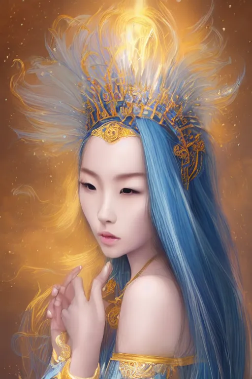 Image similar to a beautiful young asian woman, Queen of the Sea Mu Yanling, long flowing white hair, blue yellow robe with wide feather like quality, water flowing and floating around, young female face, liquid magic, cinematic top lighting, insanely detailed and intricate, face by wlop, Charlie Bowater, golden ratio, symmetric, elegant, ornate, luxury, elite, matte painting, MTG, magic the gatheing, cinematic, cgsociety, 8k, high resolution,