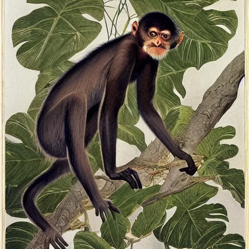 Image similar to spider monkey on a tree, by walton ford, audubon, haeckel, bouguereau