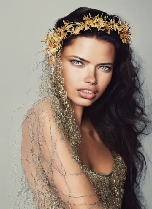 Image similar to an oil on canvas portrait! face-close-up of Adriana Lima as Galadriel , wavy hair covered by an orchid floral crown. The royal dress is made of intricate gold and silver threads with jewellery, composing complex geometrical patterns, zenithal lighting, shot on 70 mm, by Alina Ivanchenko and Hirothropologie and Patrick DeMarchelier .