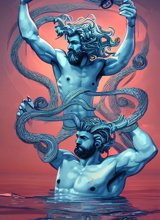 Image similar to an illustration of poseidon, fantasy, highly detailed, digital painting, refreshing, trending on artstation, concept art, smooth, illustration by james jean