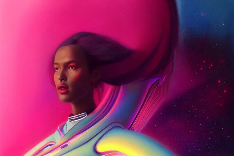 Prompt: patron saint of 🛸🌈👩🏾, futuristic clothing, pink background, warped gravity, neon god of city character portrait, in the style of moebius, wlop, tom bagshaw, and waterhouse, cinematic lighting, beautiful, elegant, oil painting,