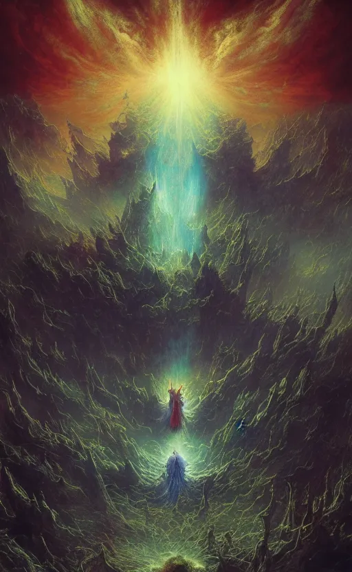 Image similar to hordes of demons and angels flying into a nebula portal in the sky, baroque architecture, detailed, vivid colors, masterpiece painting, octane render, volumetric lighting, cinematic, by gustave dore, by michelangelo, by beksinski