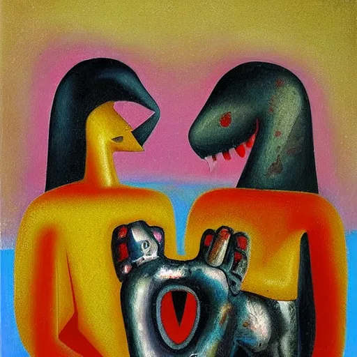 Image similar to Oil painting by Rufino Tamayo. Two mechanical gods with animal faces kissing. Oil painting by Lisa Yuskavage.