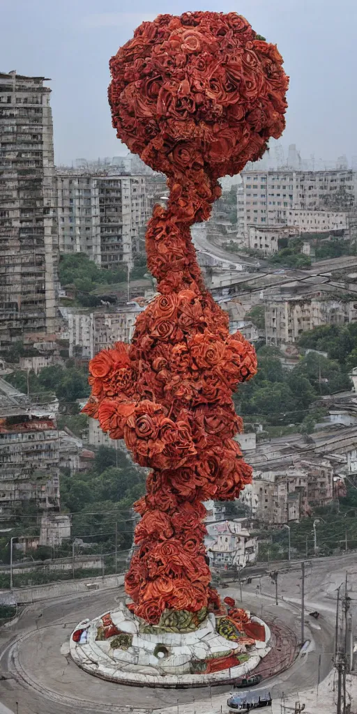 Image similar to giant grotesque flower made from communist dreams in the middle of abandoned post soviet constructivist cityscape, Stalinist architecture, ultradetailed by Hayao Miyazaki and Josan Gonzalez and Makoto Shinkai and Giuseppe Arcimboldo and Wes Anderson