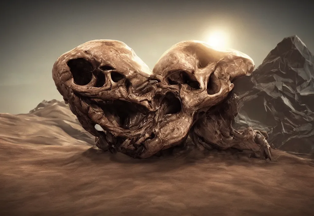 Image similar to eldritch animal alien skull in a dessert in mars, photorealistic, film, cinematic lighting, octane tender, volumetric light, dark - art