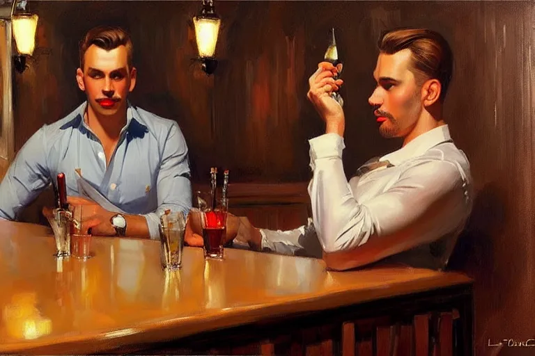 Image similar to attractive man sitting in a bar, painting by vladimir volegov, j. c. leyendecker, tom of finland, trending on artstation