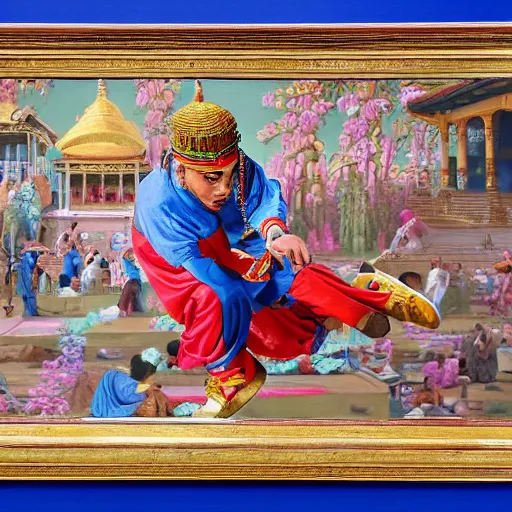 Image similar to orientalist painting of 6ix9ine skating outside of a majestic temple, 8k, very intricate, very detailed,