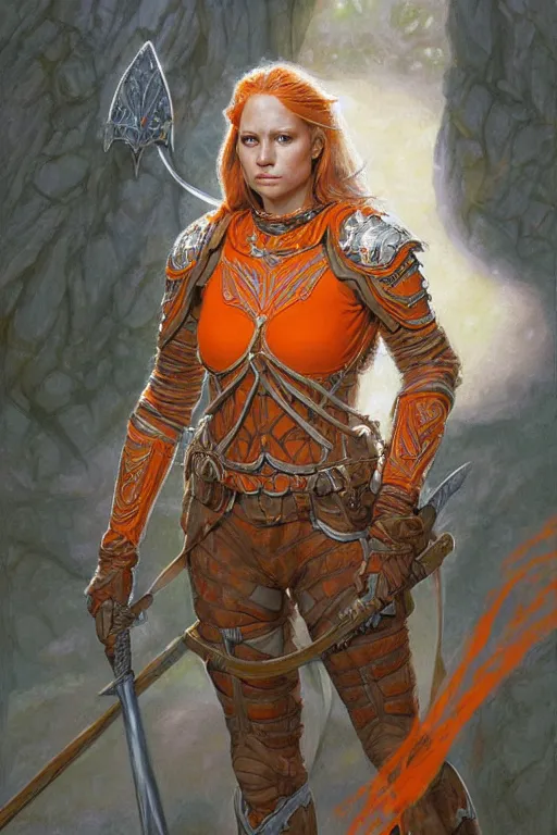 Prompt: full - body portrait of a ranger, female, white and orange breastplate, magical, high fantasy, d & d, by donato giancola, face details, extremely detailed, digital illustration