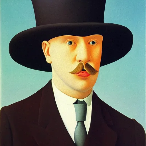 Prompt: man with a bowler hat, by Rene Magritte