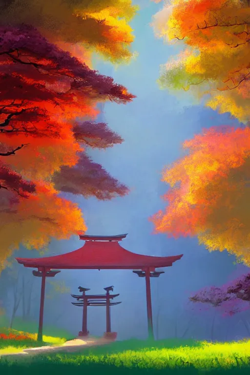 Image similar to Japanese Torii in a colorful moutain with COLORFUL trees ,morning , by studio ghibli painting, superior quality, masterpiece, by Grzegorz Rutkowski, concept art