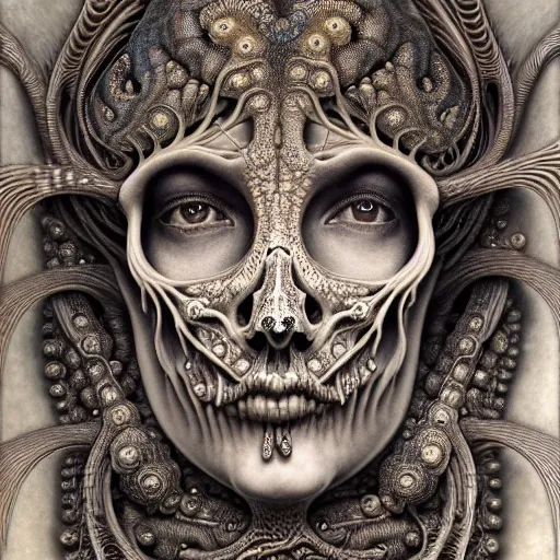 Prompt: detailed realistic beautiful porcelain calaveras portrait by jean delville, gustave dore, iris van herpen and marco mazzoni, art forms of nature by ernst haeckel, art nouveau, symbolist, visionary, gothic, neo - gothic, pre - raphaelite, fractal lace, intricate alien botanicals, ai biodiversity, surreality, hyperdetailed ultrasharp octane render