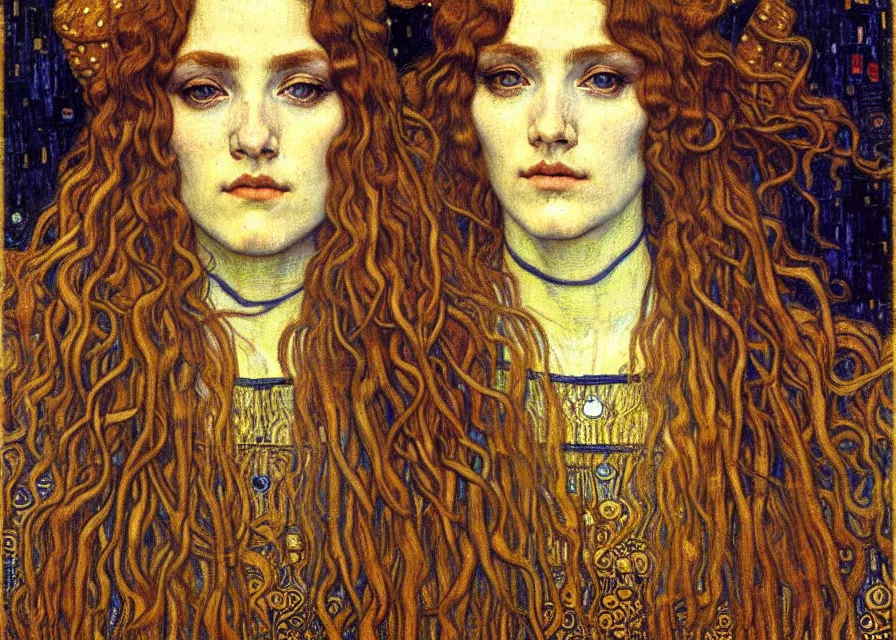 Image similar to detailed realistic beautiful young medieval queen face portrait by jean delville, gustav klimt and vincent van gogh, art nouveau, symbolist, visionary, gothic, pre - raphaelite, muted earthy colors, desaturated