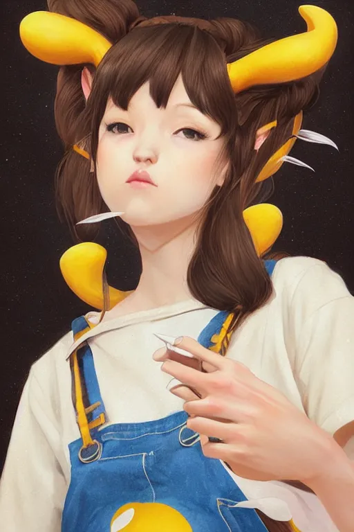 Image similar to girl with brown hair, short horns, long animal ears, a yellow t - shirt and blue overalls, geisha art portrait, illustration by ross tran, bo chen, toni infante, rebecca oborn, michael whelan, trending on artstation cgsociety hq