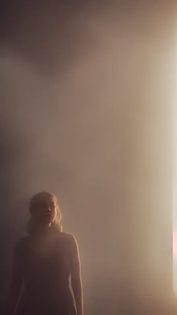 Image similar to very very beautiful photograph of emily skinner looking like annie leonhart standing next to a window god rays shining on her from the sunlight, volumetric fog, smoke, depth of field, beautiful composition, featured on artstation and instagram