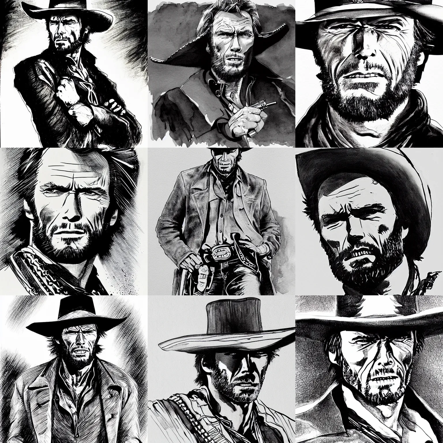 Prompt: Clint Eastwood. A Fistful Of Dollars. Western. Classic Pose. Portrait. Pen and Ink. Detailed, Monochrome