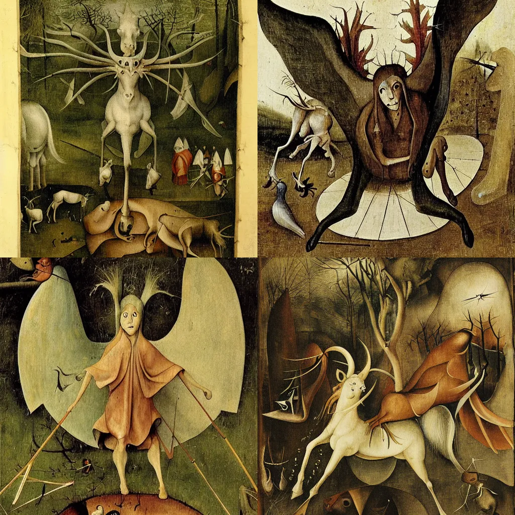 Prompt: h with hooves and wings stands in a gloomy forest and looks at me, centered, detailed, trending wikiart, drawn by hieronymus bosch