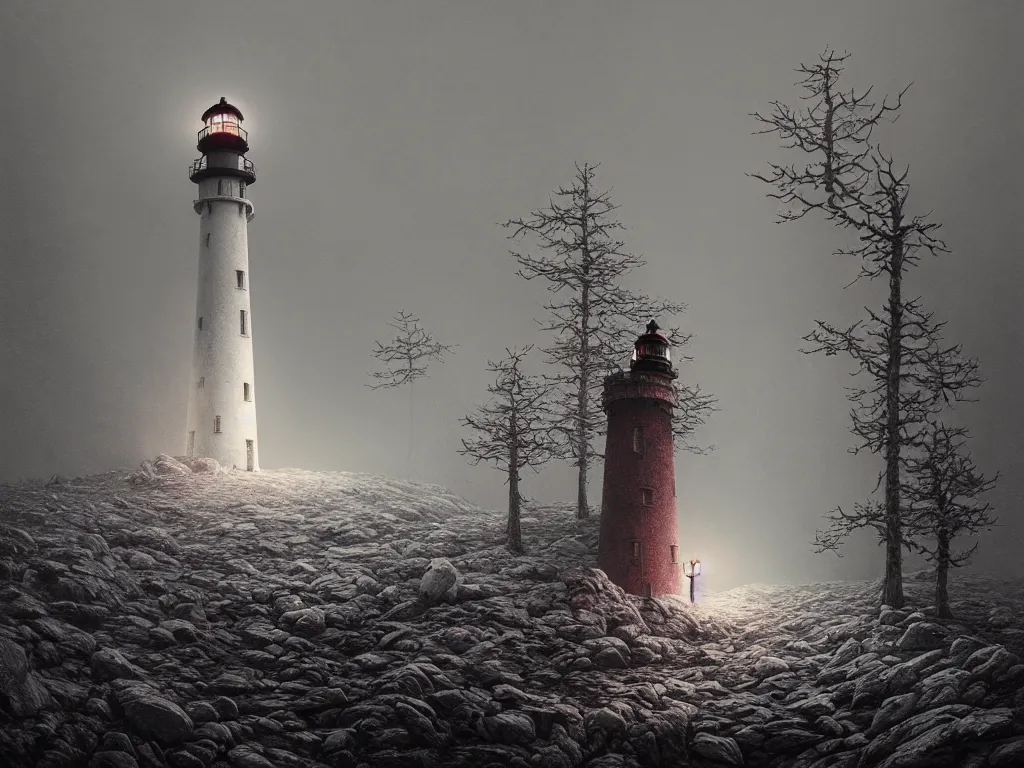 Prompt: cinematic landscape, nightmare lighthouse rising from a haunted winter forest by zdzisław beksinski, photorealistic ultrasharp hyperdetailed octane render