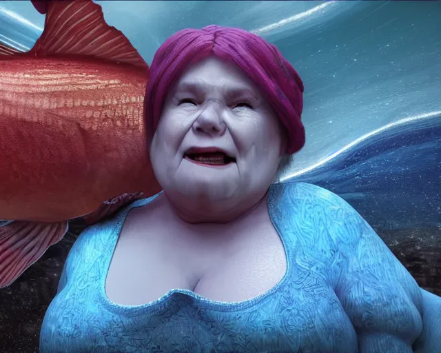 Image similar to of a very beautiful scene. ambient occlusion render. a sweet fat old woman is giving birth to a huge colorful fish. hyper realistic. 4 k. wide angle. sadness. shininess. symmetrical face, red mouth, blue eyes. deep focus, lovely scene. ambient occlusion render. concept art. unreal engine.