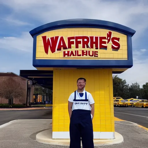 Image similar to wafflehouse employee's standing below wafflehouse sign, employees uniform is blue and black with yellow name tags