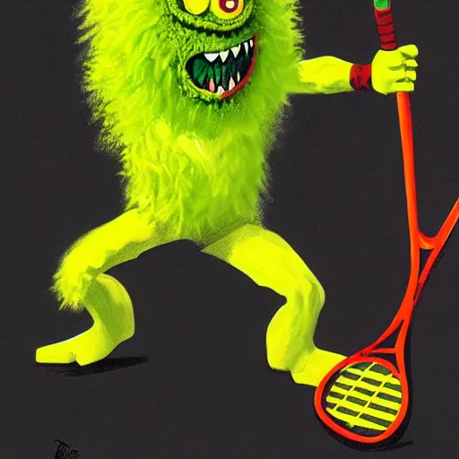 Image similar to a tennis ball monster ,tennis court, tennis racket, digital art, fantasy, magic, trending on artstation, ultra detailed, professional illustration by Basil Gogos