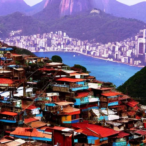 Image similar to photo of rio de janeiro favela being invaded by armed aliens,barraco, samba, churrasco, photorealistic, warm colors, tranquil, peace, happy rocinha