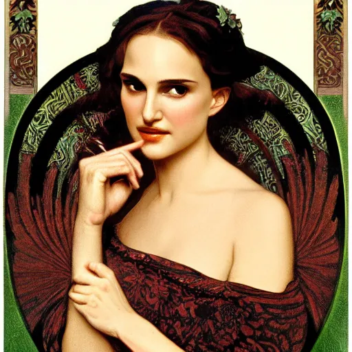 Image similar to a closeup portrait of a young natalie portman, art nouveau, jugendstil, decorative background, spirals, painted by alphonse mucha