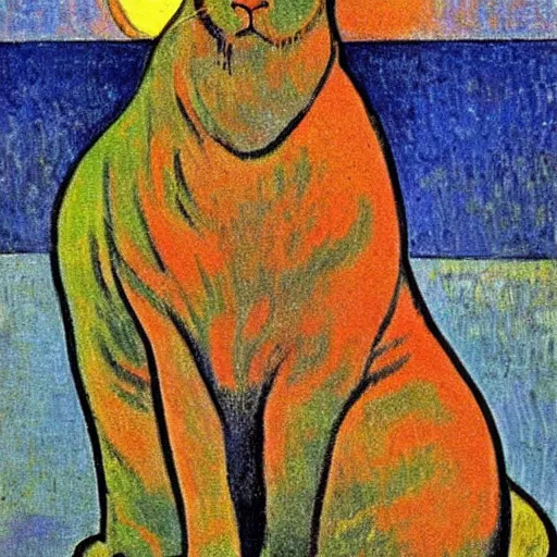 Prompt: ”A painting by Gaugin of a cat sitting on a beach and looking at a beautiful sunset”