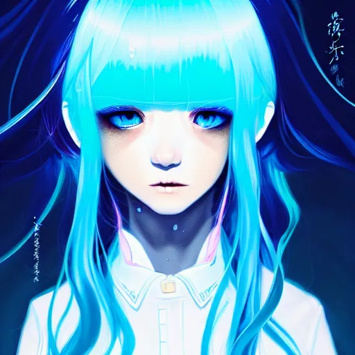 Image similar to blue slime swirling around a pensive rimuru tempest, enveloped in ghosts, sky blue straight hair, bangs, with amber eyes, black jacket, high collar, ultra fine detaile, dark theme, digital painting, psychedelic, cinematic, wlop, pixiv, ilya kuvshinov, ross tran