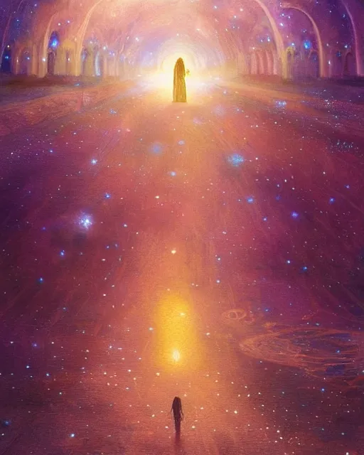 Image similar to bedouin child praying in galaxy walking towards mosque surrounded by nebula, highly detailed, gold filigree, romantic storybook fantasy, soft cinematic lighting, award, disney concept art watercolor illustration by mandy jurgens and alphonse mucha and alena aenami, pastel color palette, featured on artstation