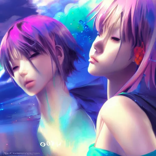 Image similar to photorealistic dramatic liquids anime people render, detailed face, colorful, atmosphere cinematic, by wlop, by ilyu kuvshinov, soft shadows, concept art, super detailed, vfx, houdini, 8 k, super realistic, ufotable studio art style, global illumination, trending in pixiv, dramatic color, ray tracing, god rays