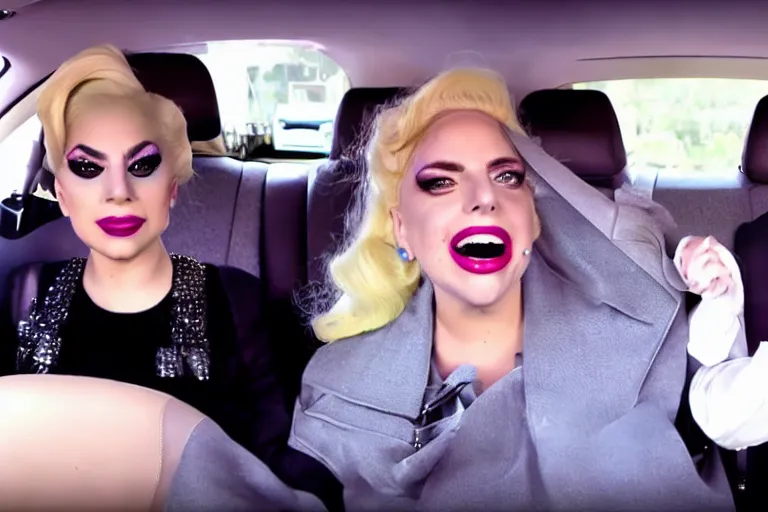 Image similar to lady gaga and judy garland carpool karaoke, highly realistic, highly detailed, high resolution, 8 k 4 k,