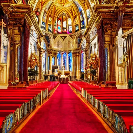 Prompt: a church with a red carpet and chandeliers, a colorized photo by pacita abad, shutterstock contest winner, baroque, sanctuary, ornate, colorized