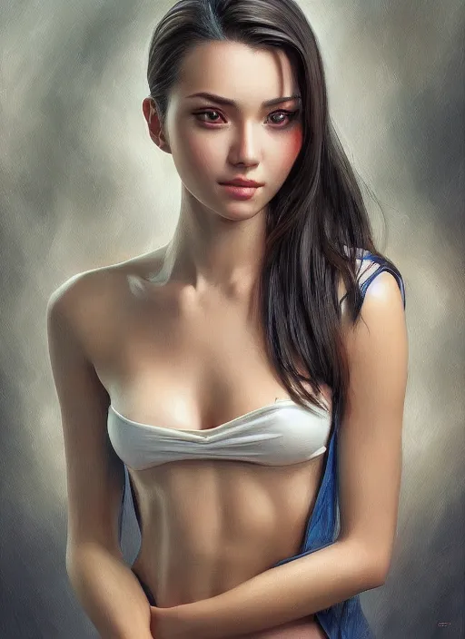 Image similar to photo of a gorgeous young woman in the style of stefan kostic, realistic, sharp focus, 8k high definition, insanely detailed, intricate, elegant, art by stanley lau and artgerm