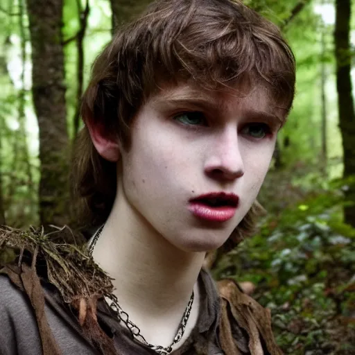 Prompt: a teenage boy, around 1 9 years old with necklace, natural brown hair, loincloth, pale skin, detailed face. screaming in ominous and eerie looking forest. natural colors. realistic photo.