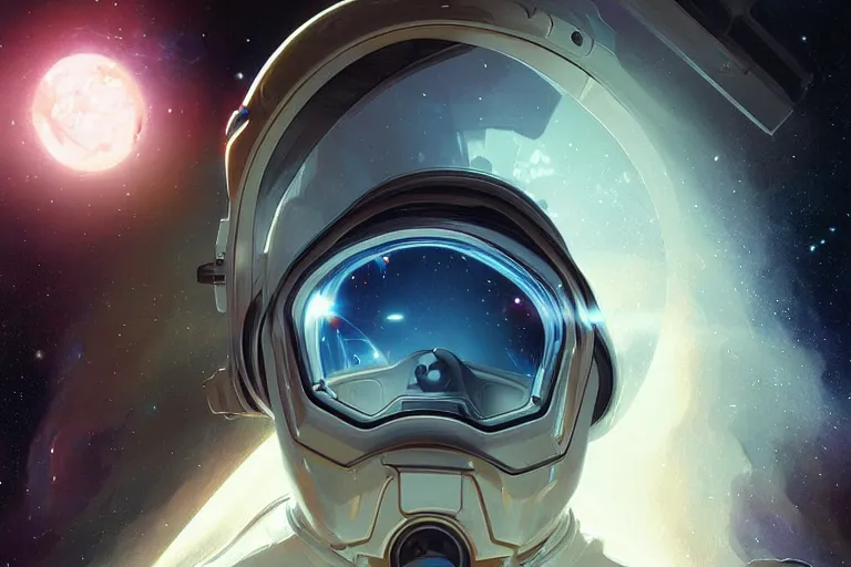 Image similar to Portrait of a Futuristic reflective spacesuit visor mirror spacesuit reflecting a nebula supernova in space, portrait, elegant, intricate, digital painting, artstation, concept art, smooth, sharp focus, illustration, art by artgerm and greg rutkowski and alphonse mucha