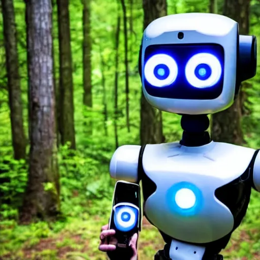 Prompt: A robot taking a selfie in the forest and grinning from ear to ear