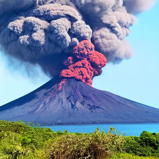 Prompt: ”volcano erupting in tropical island”