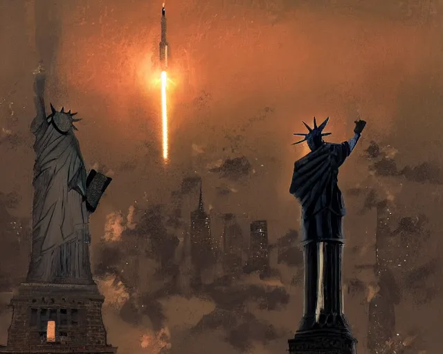 Prompt: giant Donald Trump shooting rockets at the Statue of Liberty in Manhattan, post apocalyptic New York, craig mullins, dramatic lighting, very detailed