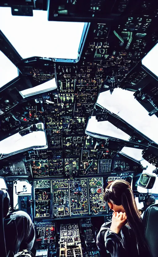 Prompt: first person view perspective, simple airplane cockpit, highly detailed, missiles explosions in the sky, high resolution, cosplay photo, stunning, girls frontline style, bokeh soft, shot on 7 0 mm, zenithal lightning, trending on instagram, by award winning photographer, symmetrical features, realistic military equipment