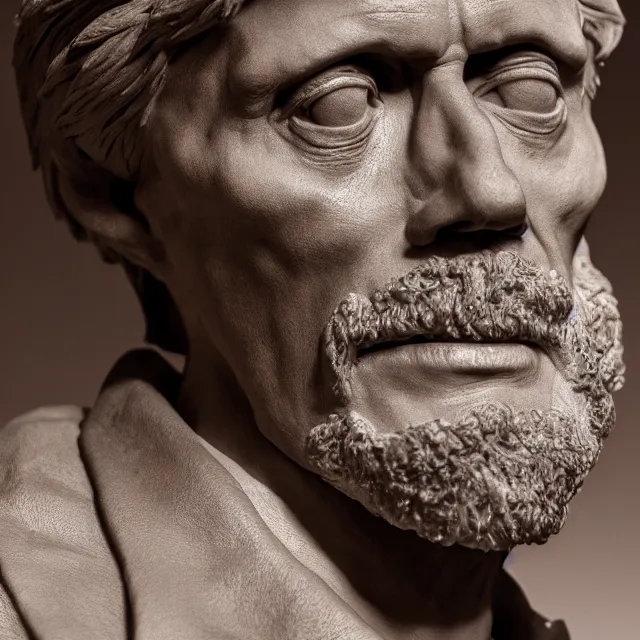 Image similar to photography of a bust of old Wiliam Dafoe made of clay by Sebastian Kruger and Michelangelo, 50mm, studio atmosphere, 8K, rim light, octane render, ultra-realistic