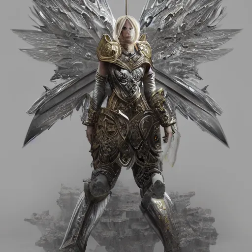 Image similar to an angelic warrior in heavy armor, au naturel, hyper detailed, digital art, trending in artstation, cinematic lighting, studio quality, smooth render, unreal engine 5 rendered, octane rendered, art style by klimt and nixeu and ian sprigger and wlop and krenz cushart intricate artwork by Tooth Wu and wlop and beeple. octane render, trending on artstation, greg rutkowski very coherent symmetrical artwork. cinematic, hyper realism, high detail, octane render