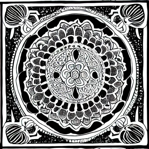 Image similar to detailed, black and white, a bear surrounded by lotus flowers and geometry