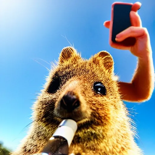 Image similar to happy quokka taking a selfie and smoking a big cannabis joint, golden hour, ultra realistic