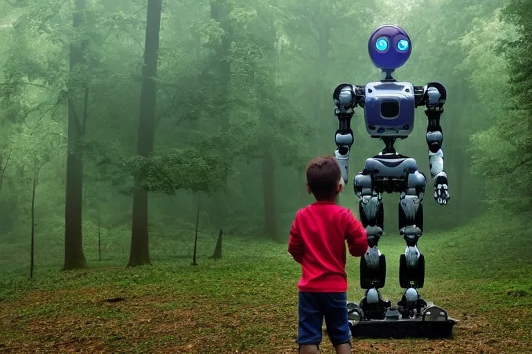 Image similar to A small boy discovers a large mechanical robot with green eyes in the misty forest