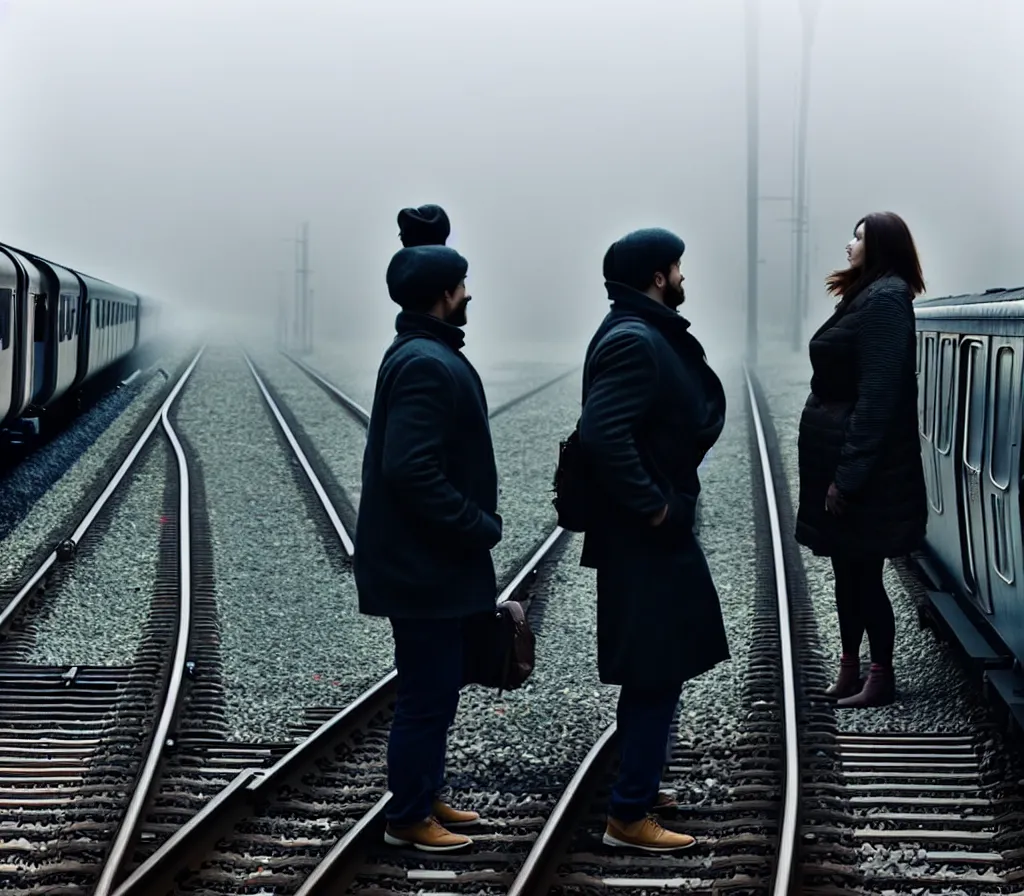 Prompt: A man and a woman wait for a train on a platform back to the camera, trains in the background, foggy morning hard light, horizontal composition, photorealistic