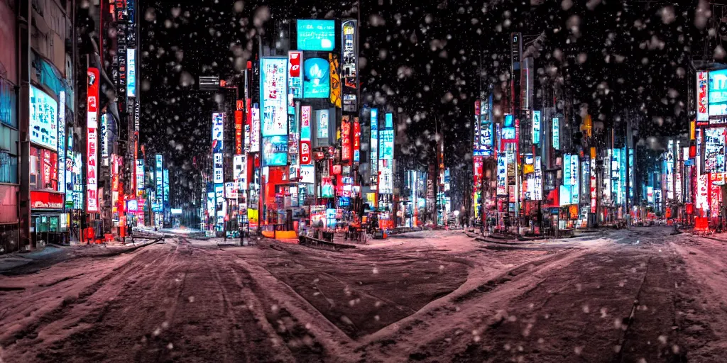 Image similar to a city street at night, snowing, photograph, cyberpunk, sharp focus, intricate detail, drone shot, high resolution, 8k, neon streetlights, wires hanging down everywhere, Japan, colourful